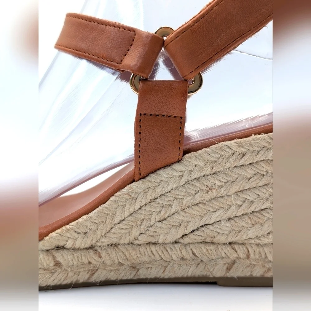 NEW Jutelia Made In Spain Brown Leather Espadrilles Raffia Braided Wedge Sz 7.5